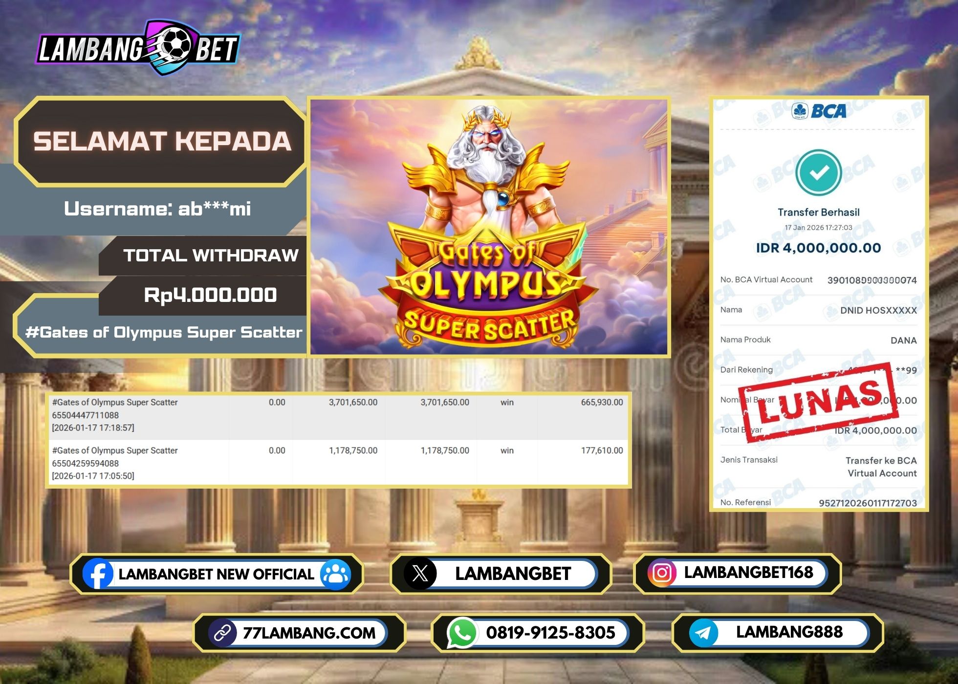LAMBANGBET [17 JANUARI 2026] JACKPOT SLOT Gates of Olympus Super Scatter "Rp4.000.000" LUNAS
